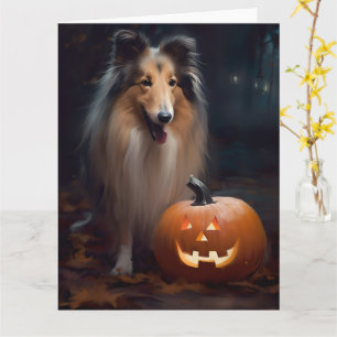 Tarjeta Collie en masa de Halloween con calabazas aterrado