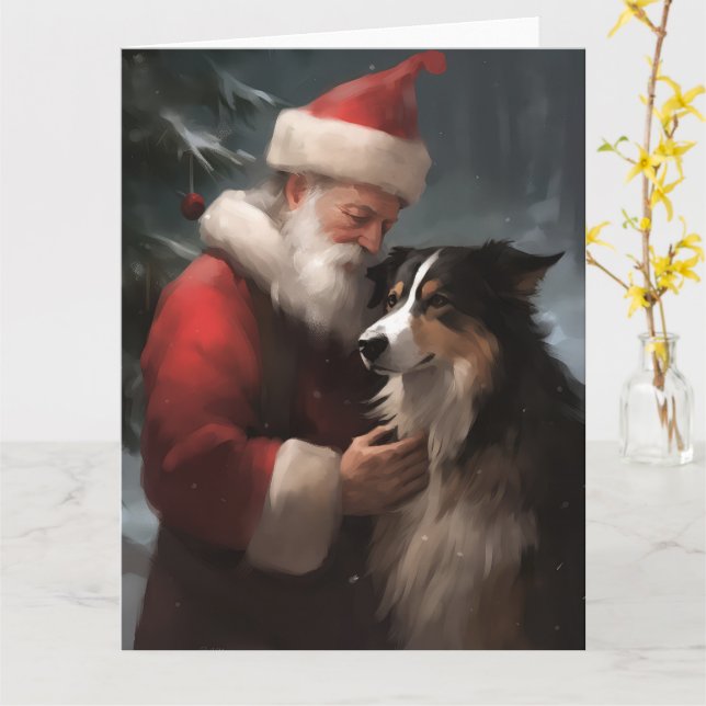 Tarjeta Collie fronterizo con Navidades festivos de Santa  (flor amarilla)