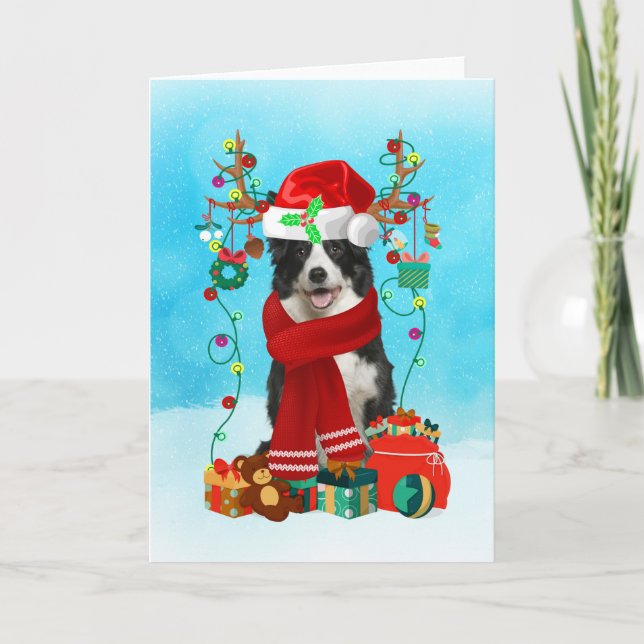 Tarjeta Collie fronterizo en la nieve con regalos de Navid (Anverso)