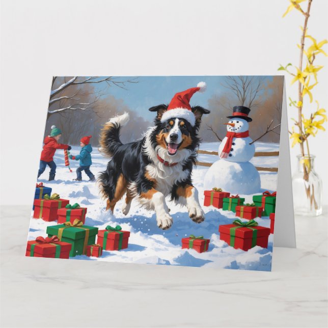 Tarjeta Collie rudo en nieve con Gorra Navidad (flor amarilla)