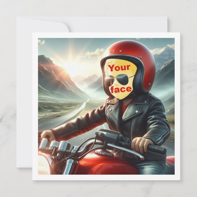 Tarjeta Coloca mi cara en la foto, moto de conducción infa (Anverso)