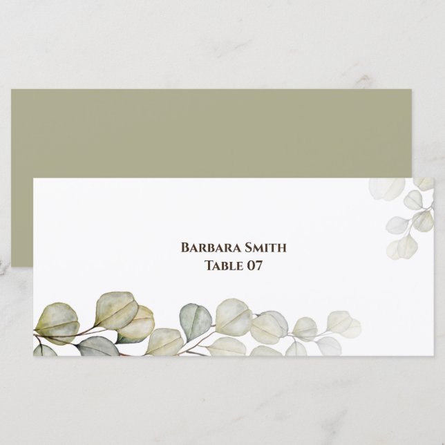 Tarjeta colocada de color de agua Eucalyptus Boda (Anverso / Reverso)