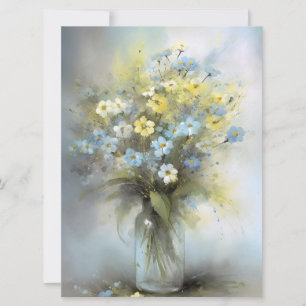 Tarjeta Color de agua Pastel Azul, Blanco, Flor de margari