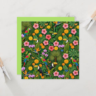 Tarjeta Colores alegres aves de la selva flores tropicales