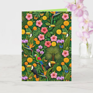 Tarjeta Colores alegres aves de la selva flores tropicales