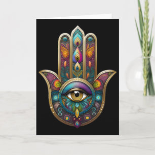 Tarjeta Colores de Pavo Real Hamsa con Tercer Ojo de Oro