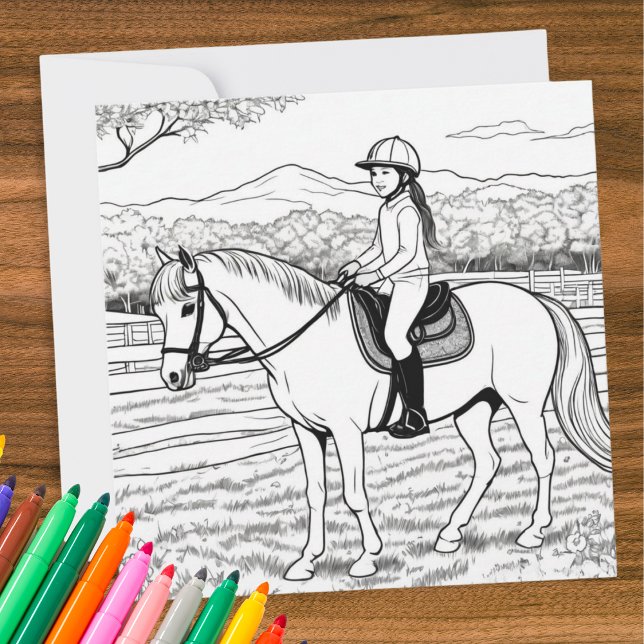 Tarjeta Colores En Chica De Imagen Pony En Pony (A greeting card with picture to color, of a girl riding a pony in a paddock)