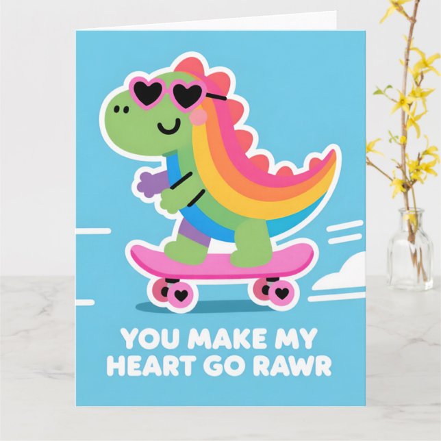 Tarjeta Colorful Dino Love Funny Valentine Card (flor amarilla)