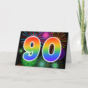Tarjeta Colorful Fireworks + Rainbow Pattern "90" Event #