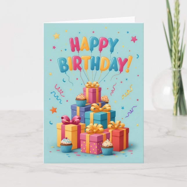 Tarjeta Colorful Gift Stack Birthday Card – Fun & Festive  (Anverso)