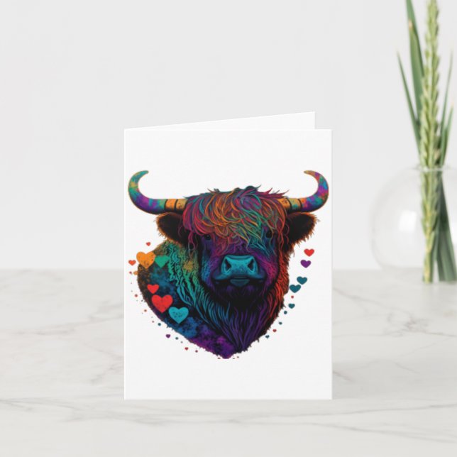 Tarjeta Colorful Highland Cow Valentines Day Farm Cow 1  (Anverso)