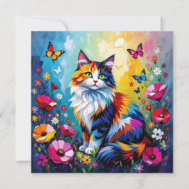 Tarjeta Colorful Impasto Cat, Flowers and Butterflies