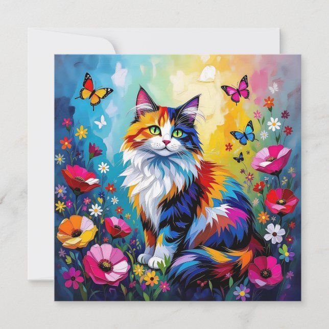 Tarjeta Colorful Impasto Cat, Flowers and Butterflies (Anverso)