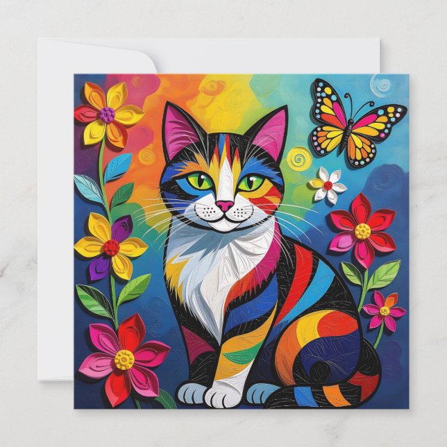 Tarjeta Colorful Paper Cat, Flowers and Butterflies (Anverso)