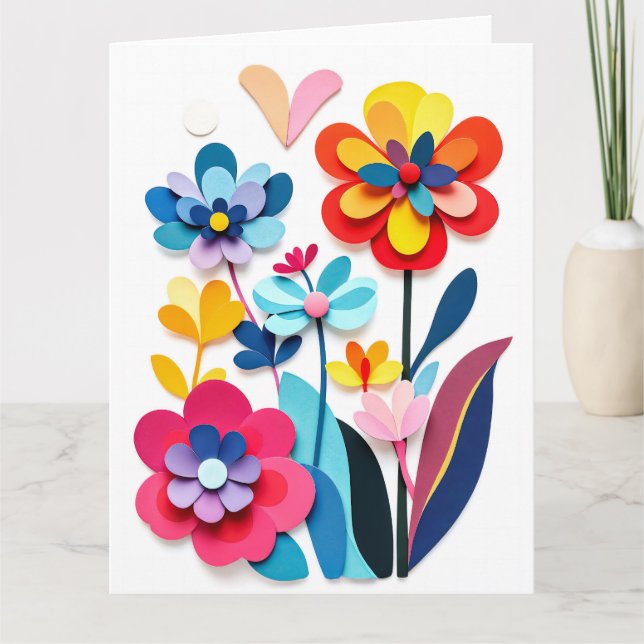 Tarjeta Colorful Paper Cut Flowers Joyful Botanical (Anverso)