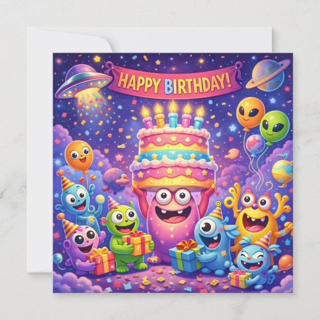 Tarjeta Colorful Space Monster Birthday Party with UFO  (Anverso)