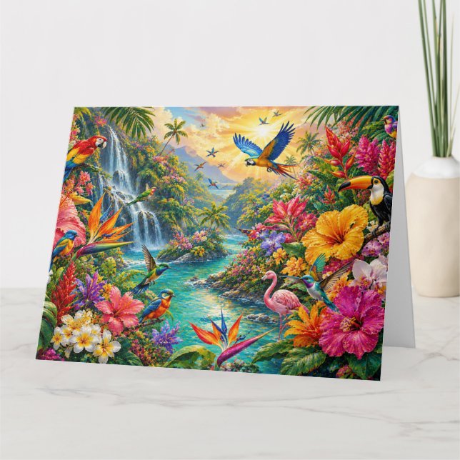 Tarjeta Colorful Tropical Rainforest Exotic Birds & Flowe  (Anverso)