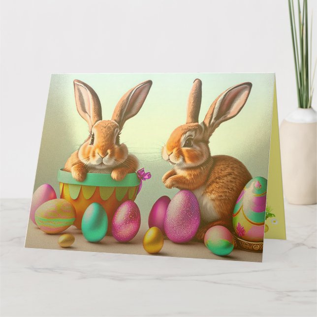 Tarjeta Colorida colección de huevos y conejos de Pascua (Anverso)