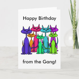 Tarjeta colorida del feliz cumpleaños de los gatos