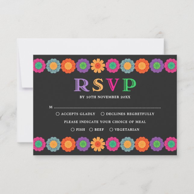 Tarjeta Colorida Fiesta Flores Mexicanas Boda RSVP (Anverso)