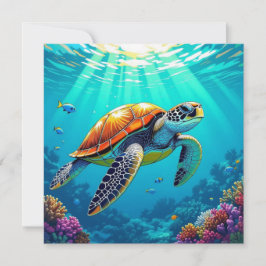 Tarjeta Colorida Tortuga Marina Vibrante en Blanco