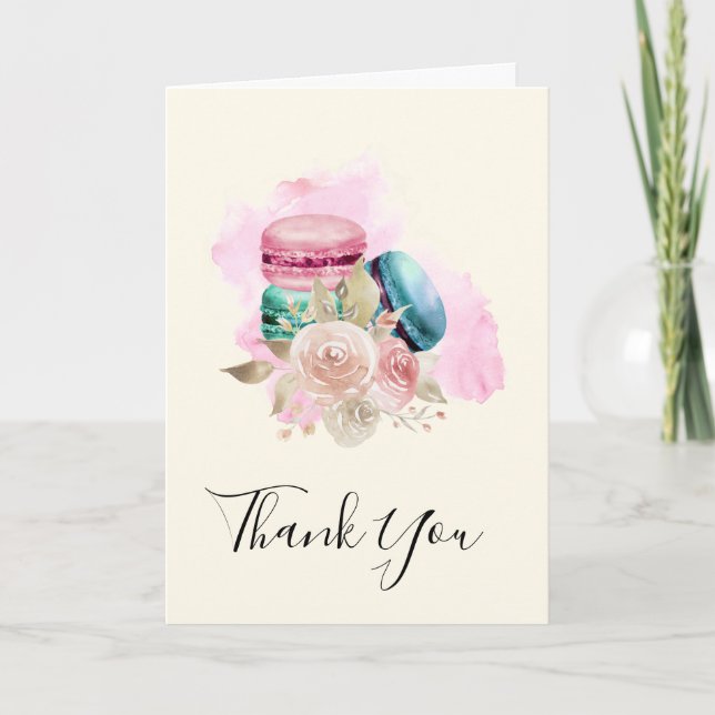 Tarjeta Coloridos Macarones y Flores Acuarela Gracias (Anverso)