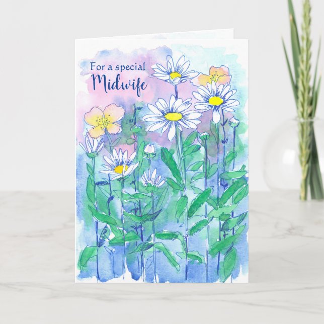 Tarjeta Comadrona Gracias Daisy Flowers Watercolor (Anverso)