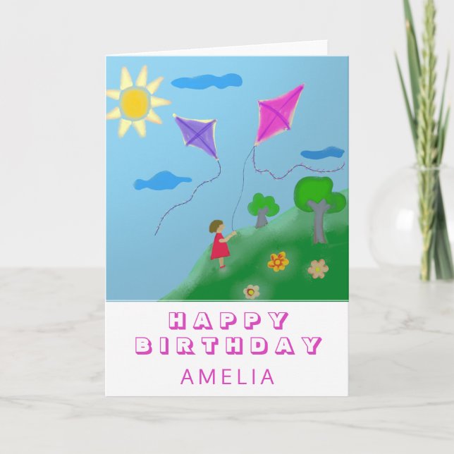 Tarjeta Cometas Lindas y Niña Dibujando Feliz Cumpleaños (Anverso)