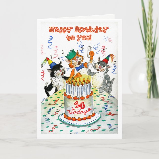Tarjeta Cómic Cantando Gatos Gatos Edad-14 cumpleaños (Anverso)