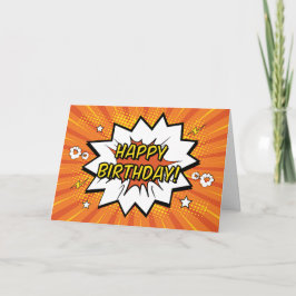 Tarjeta Cómic de Pop Art Naranja Feliz Cumpleaños