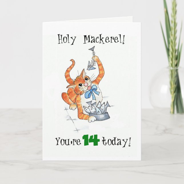 Tarjeta Cómic Ginger Cat Holy Mackerel, 14th Birthday Card (Anverso)