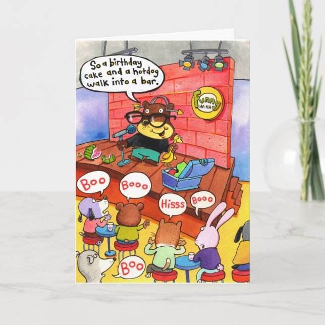 Tarjeta Cómic Standup haciendo comedia. abucheo colectivo. (Anverso)