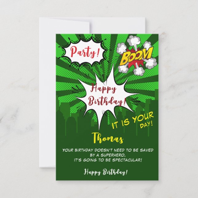 Tarjeta Cómic verde de arte pop feliz cumpleaños (Anverso)