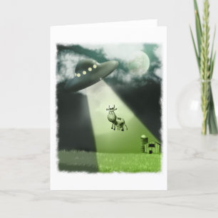 Tarjeta cómica de la abducción de la vaca del UFO