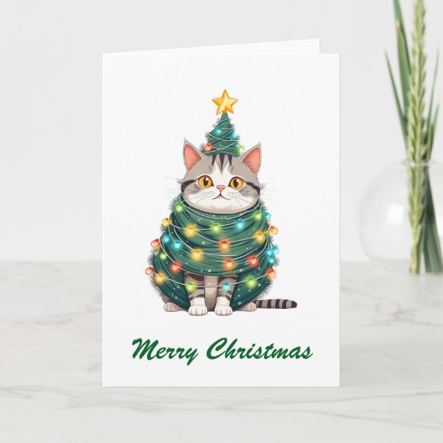 Tarjeta Cómico divertido Gato caprichoso Árbol de Navidad (Anverso)