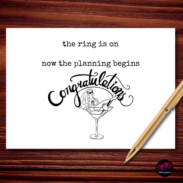 Tarjeta Comienza la divertida planificación de la boda Fel (The ring is on, the plans are starting, and the celebration has officially begun.)