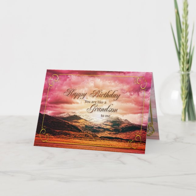Tarjeta Como un nieto para mí cumpleaños, montañas Sunset (Anverso)