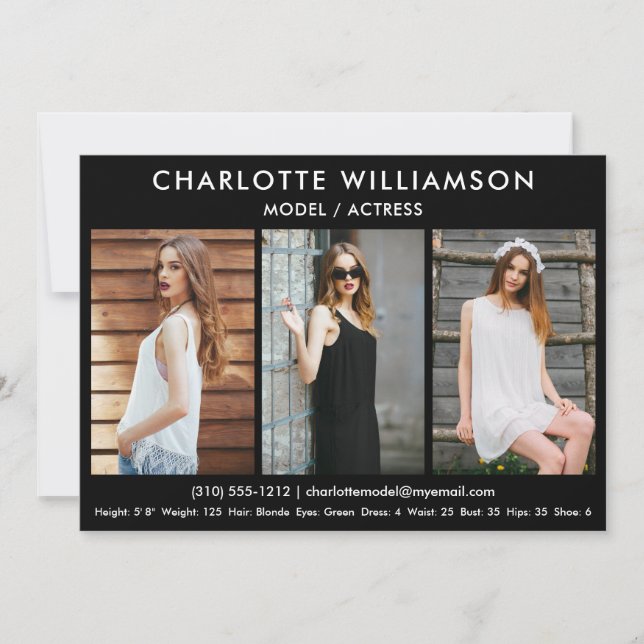 Tarjeta Comp de Actor Modelo 5x7 Black 3 Photo (Anverso)