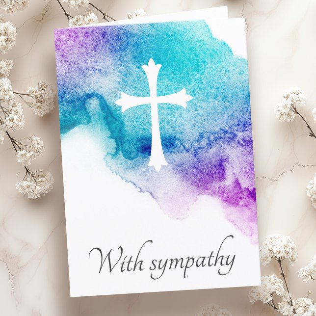Tarjeta Compasión por las acuarelas azul violeta (Cross purple blue watercolor sympathy condolence card)