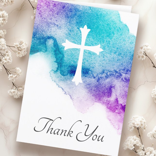 Tarjeta Compasión por las acuarelas azul violeta y cruzada (Cross & purple blue watercolor sympathy thank you card)