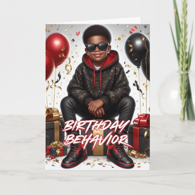 Tarjeta Comportamiento de cumpleaños negro/rojo de niño af (Anverso)