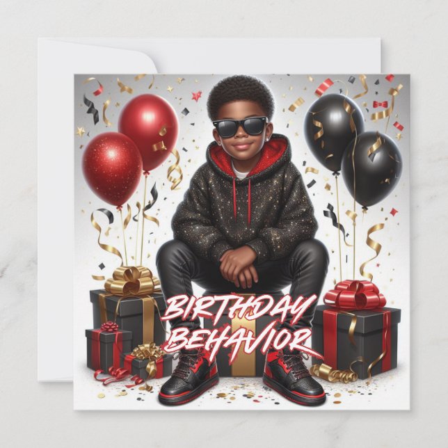 Tarjeta Comportamiento de cumpleaños negro/rojo de niño af (Anverso)