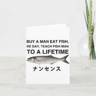 Tarjeta Comprar Un Hombre Comer Pescado Él Día Enseñar Pes