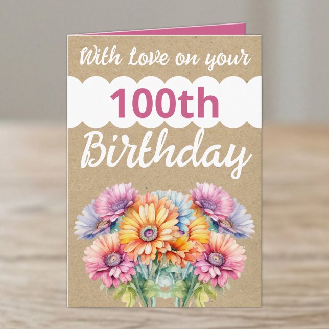 Tarjeta Con amor cumpleaños 100 gerbera flores rosadas (Subido por el creador)