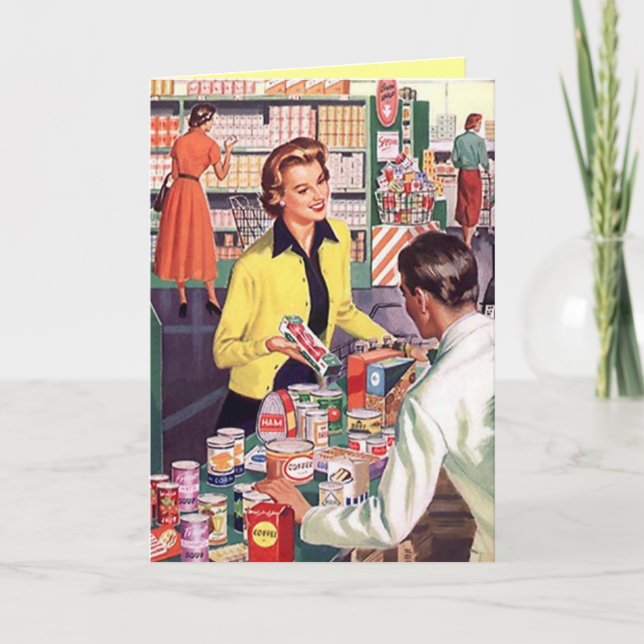 Tarjeta con feliz dama en la tienda de compras (Anverso)