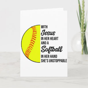 Tarjeta Con Jesús en su corazón y un Softball Ella es In