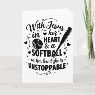 Tarjeta Con Jesús en su corazón y un softball ella es inve