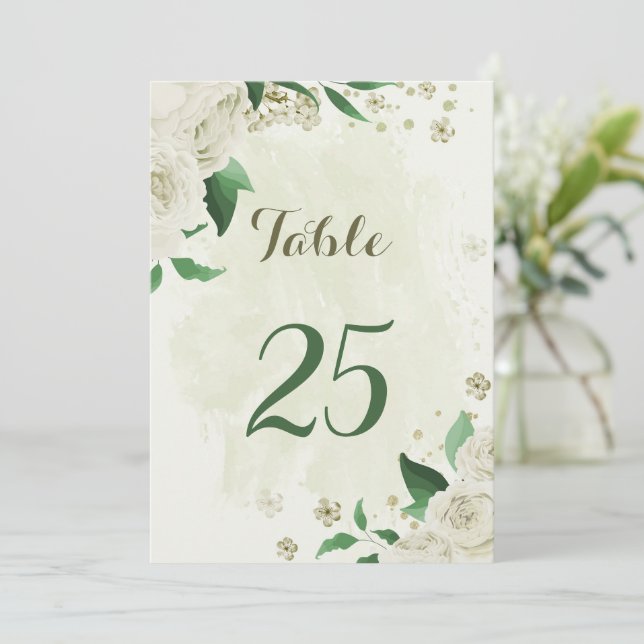 Tarjeta con número de mesa de flores blancas de ma (Anverso de pie)