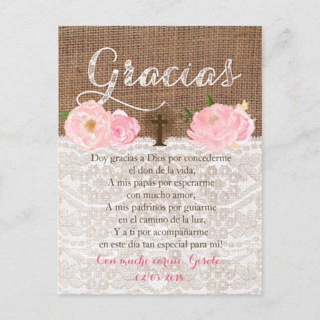 Tarjeta con oracion para el eso de Bautizo (Anverso)