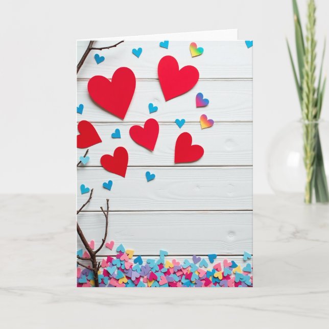 Tarjeta con patrón de corazón rojo y azul (Anverso)